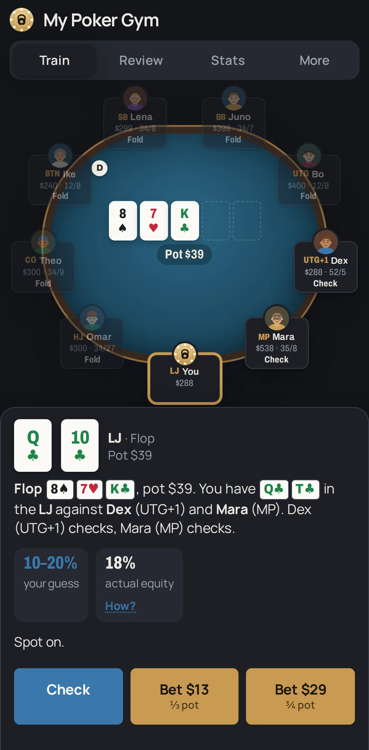 The trainer on a phone: a compact table with player faces on top, and your cards with Check, Bet $10 and Bet $22 below.