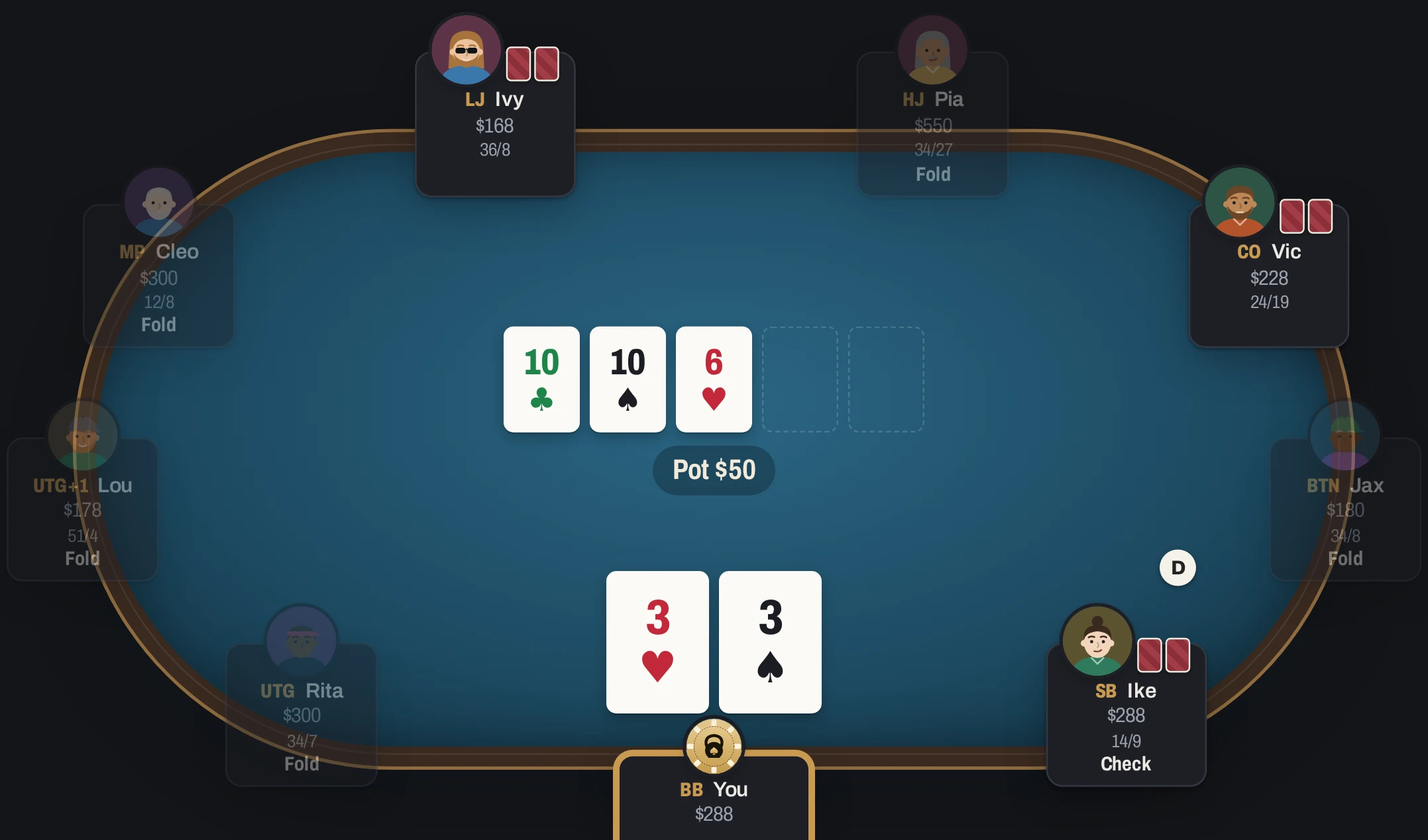 A nine-handed table on the flop. Each seat shows the player's face, stack and VPIP/PFR stats; two opponents are still in the hand against you.